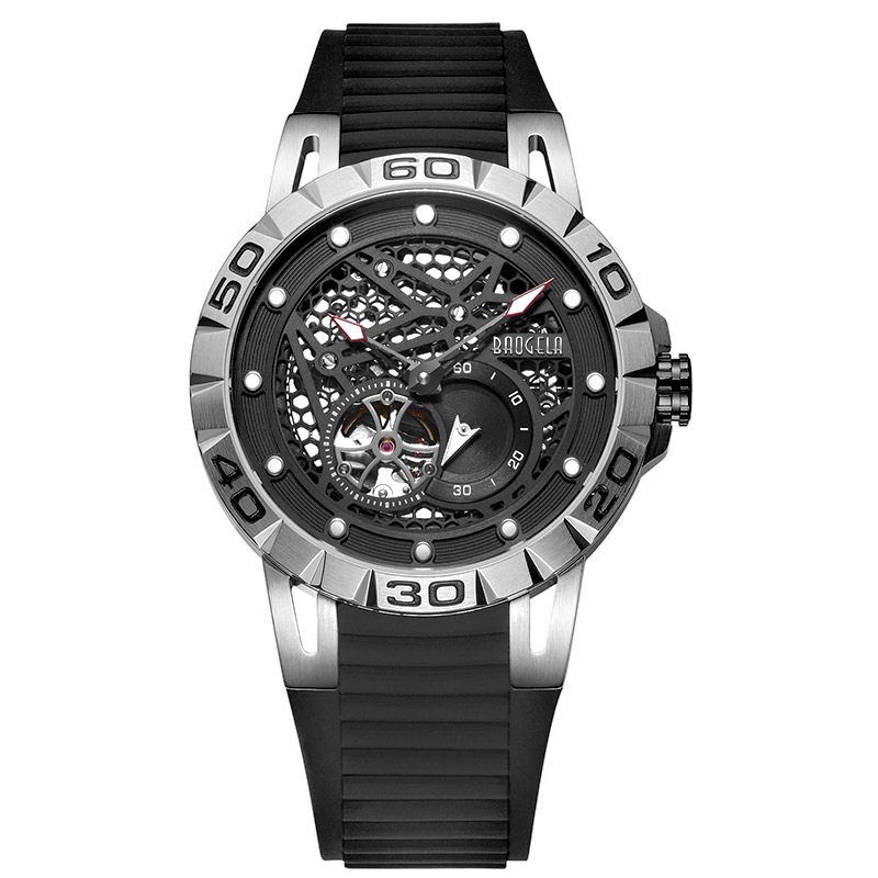 Baogela New Top Brand Luxury Men\'s Watches Skeleton Automatic Mechanical Watch for Men Imperproof-Wristwatch 6772 Black