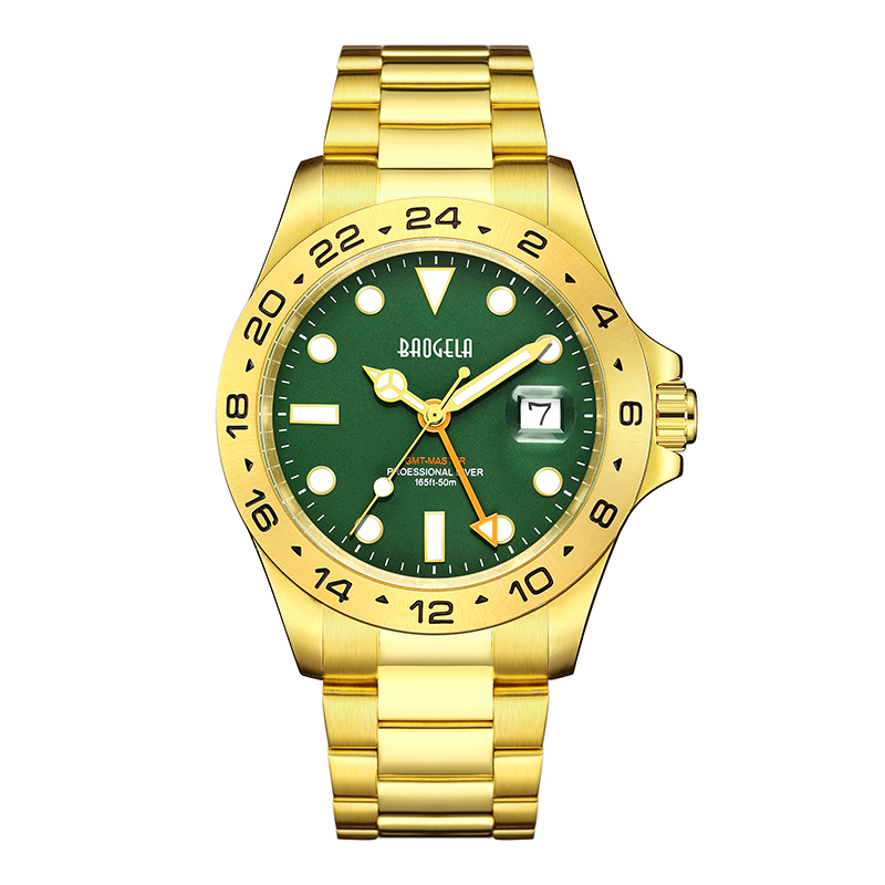 Baogela New Men Luxury Watch 304 en acier inoxydable Luminal Dial 50m Diving Fashion Couples Sport Watch Wristwatch Gold Green 22806